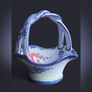 Vintage Vestal Alcobaça hand-painted pottery basket Portugal Braided Handle